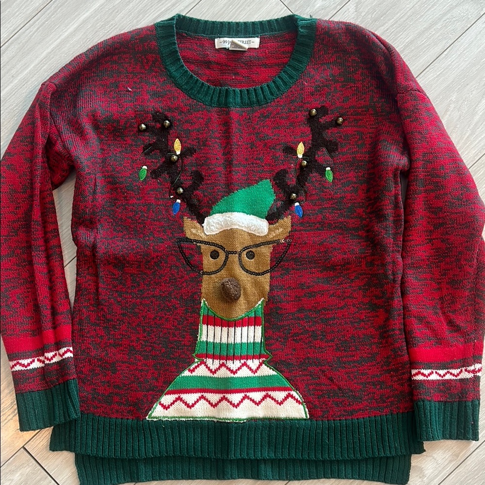 Red and Green Christmas Sweater with Reindeer Design